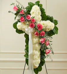 Funeral Standing Cross with 12 Pink Roses